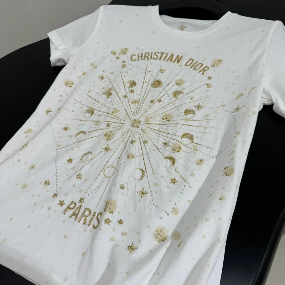 Dior Men Embroidered T-Shirt White Cotton Jersey with Gold-Tone Dior Astral Motif