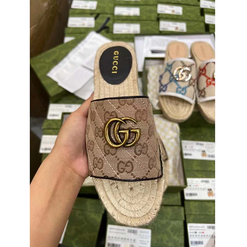 Gucci Unisex GG Matelassé Canvas Espadrille Sandal Beige Ebony 2 Cm Heel
