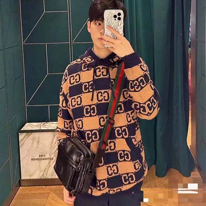 Gucci Men GG Cotton Jacquard Hooded Sweater Beige Dark Blue Dropped Shoulder Kangaroo Pocket