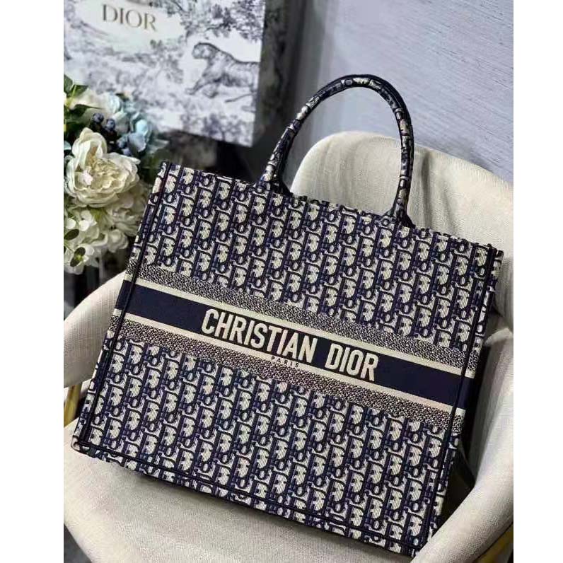 Dior Unisex CD Large Book Tote Navy Blue Dior Oblique Embroidery