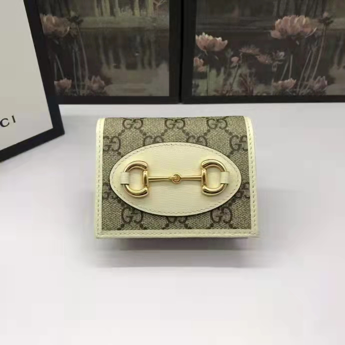 Gucci GG Unisex 1955 Horsebit Card Case Wallet Beige Ebony GG Supreme Canvas