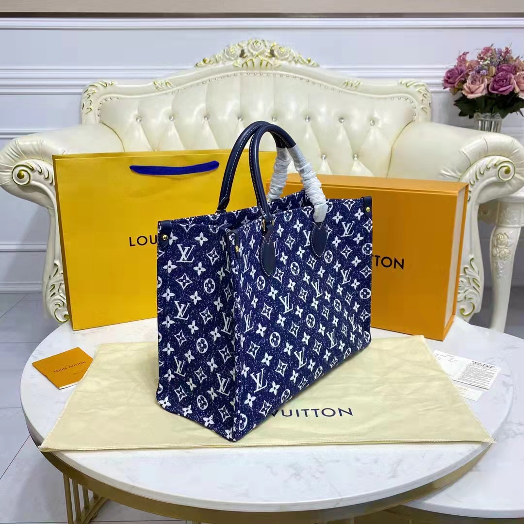 Louis Vuitton LV Unisex Onthego MM Tote Navy Blue Denim Jacquard Textile Calf