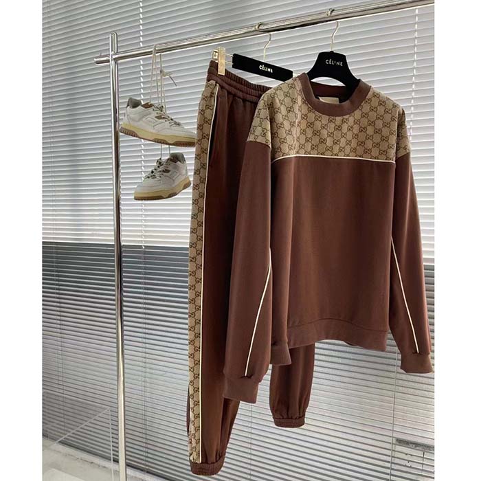 Gucci Men Cotton Jersey Sweatpants Brown Light GG Canvas Elastic Cuffs Relaxed Fit