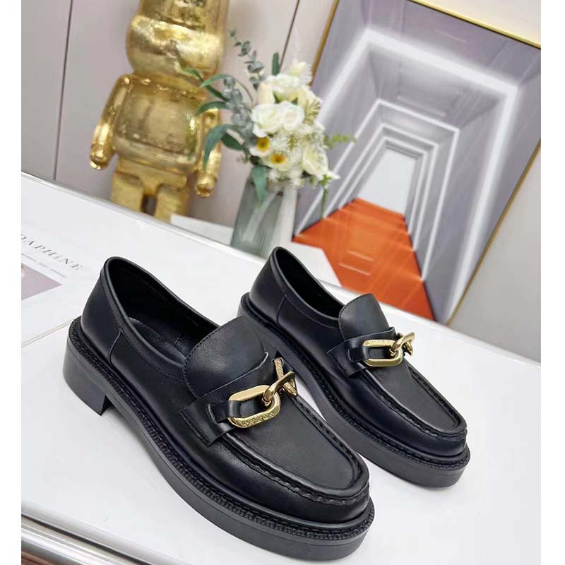 Louis Vuitton LV Women Loafer Black Glazed Calf Leather Blake Construction Monogram Flowers