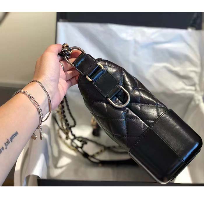 Chanel CC Gabrielle Hobo Medium Bag Black Goatskin Gold Silver-Tone Metal