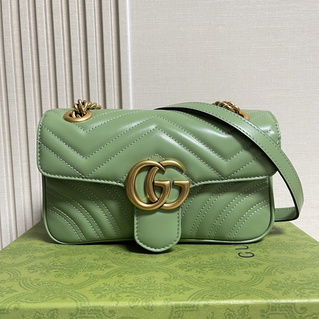 Gucci Women GG Marmont Small Shoulder Bag Sage Green Matelassé Chevron Heart