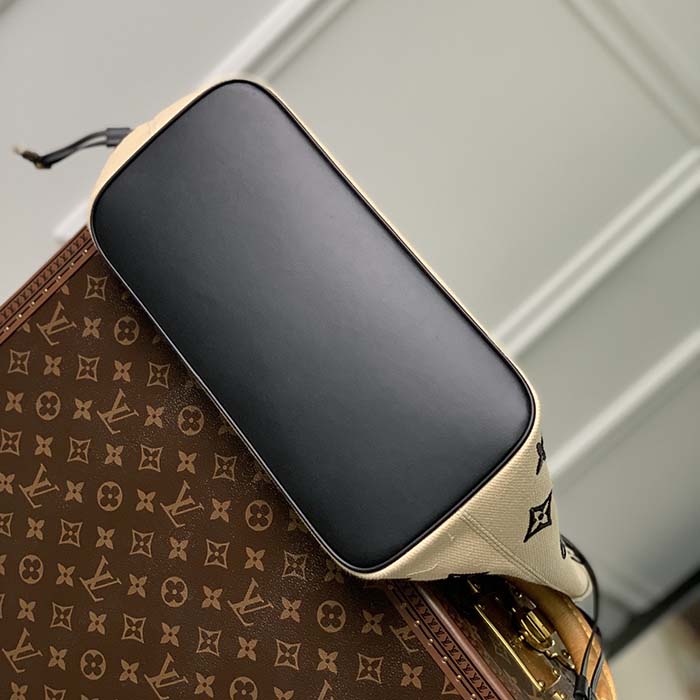 Louis Vuitton LV Unisex Neverfull MM Black Lotus Cotton Cowhide Leather