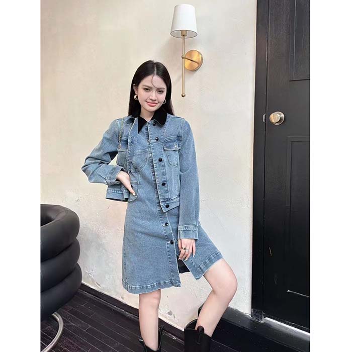 Louis Vuitton Women LV Velvet Accent Denim Jacket Cotton Blue Regular Fit 1AFEPJ