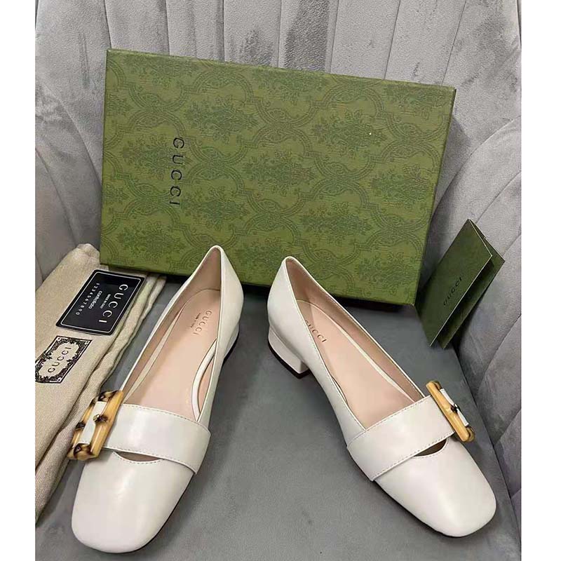Gucci GG Women Ballet Flat with Bamboo Buckle White Leather