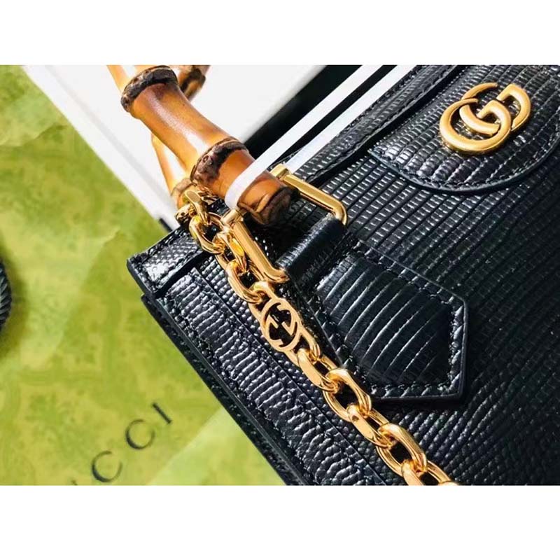 Gucci Women GG Diana Lizard Mini Bag Black Lizard Shiny Antique
