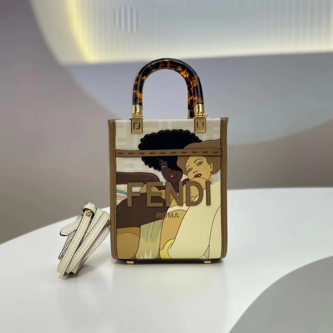 Fendi Women Mini Sunshine Shopper White FF Printed Fabric Mini Bag