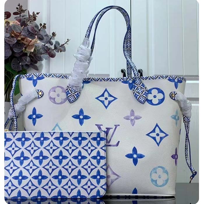 Louis Vuitton LV Unisex Neverfull MM Blue Monogram Coated Canvas Textile Lining