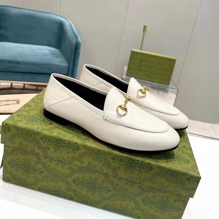 Gucci Unisex Leather Horsebit Loafer White Slim Shape Sole Flat 1 CM Heel
