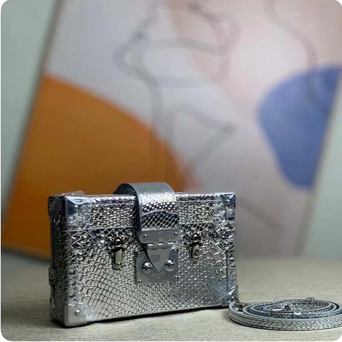 Louis Vuitton LV Women Petite Malle Handbag Metallise Froisse Silver Brilliant Alligator Leather
