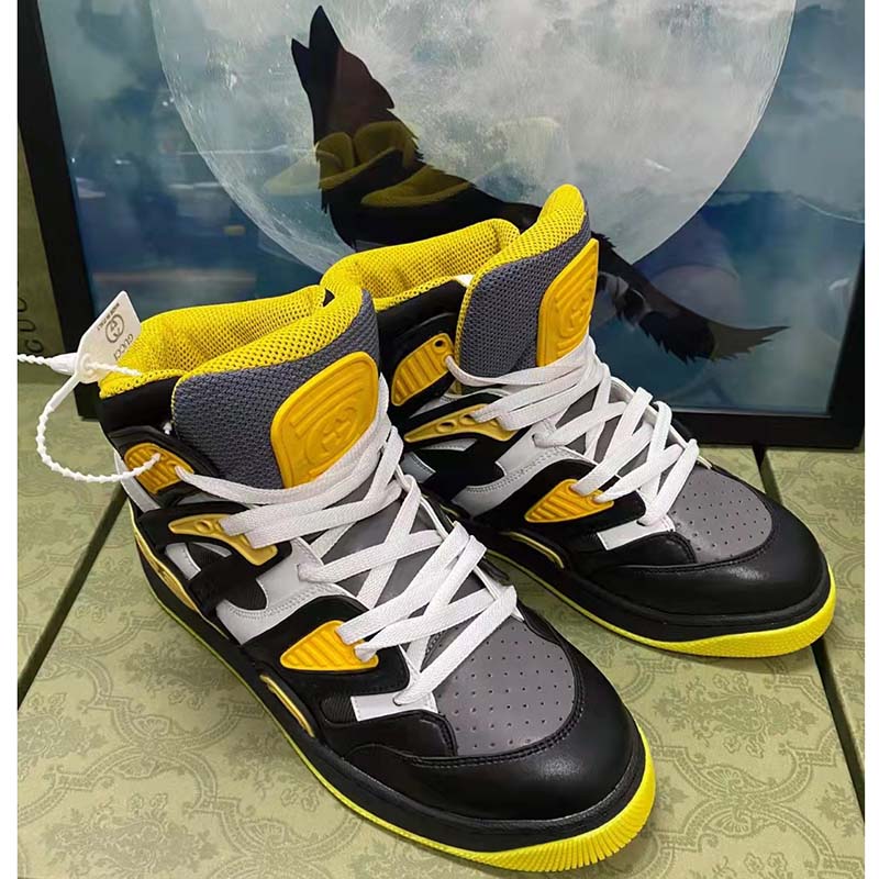 Gucci Unisex GG Gucci Basket Sneaker Black Demetra Rubber Interlocking Grey Mesh