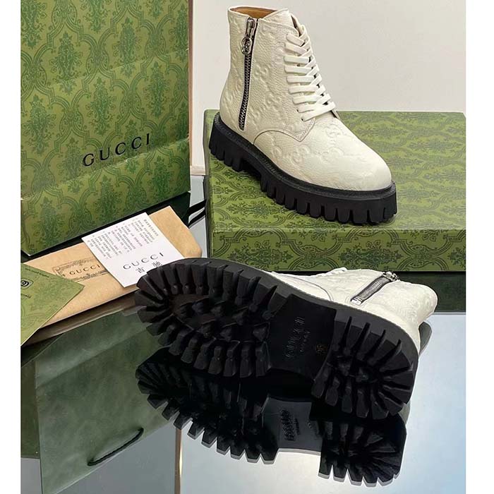 Gucci Unisex GG Leather Boots White Rubber Lug Sole Lace-Up Interlocking G Flats