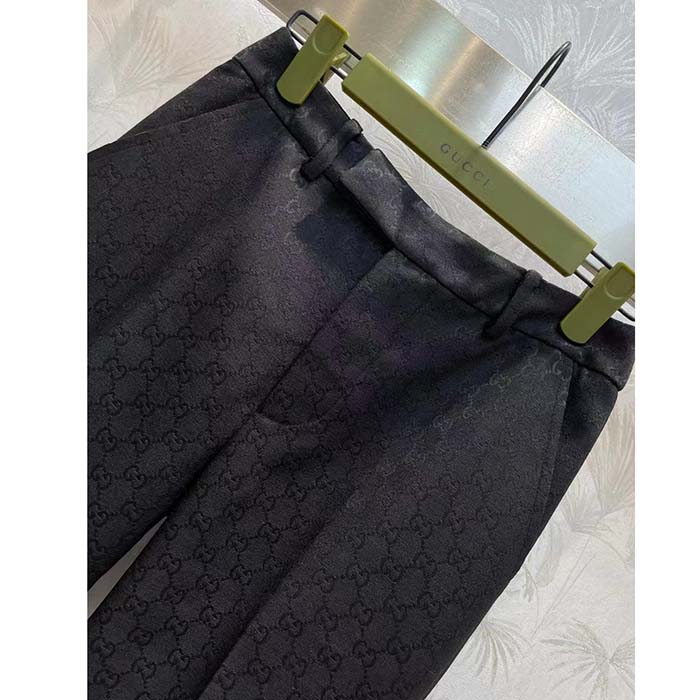 Gucci Women GG Wool Jacquard Pant Black Fitted Waistband Four Pleats Wide Leg