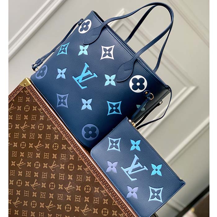 Louis Vuitton LV Unisex Neverfull MM Gradient Blue Monogram Empreinte Embossed Cowhide Leather