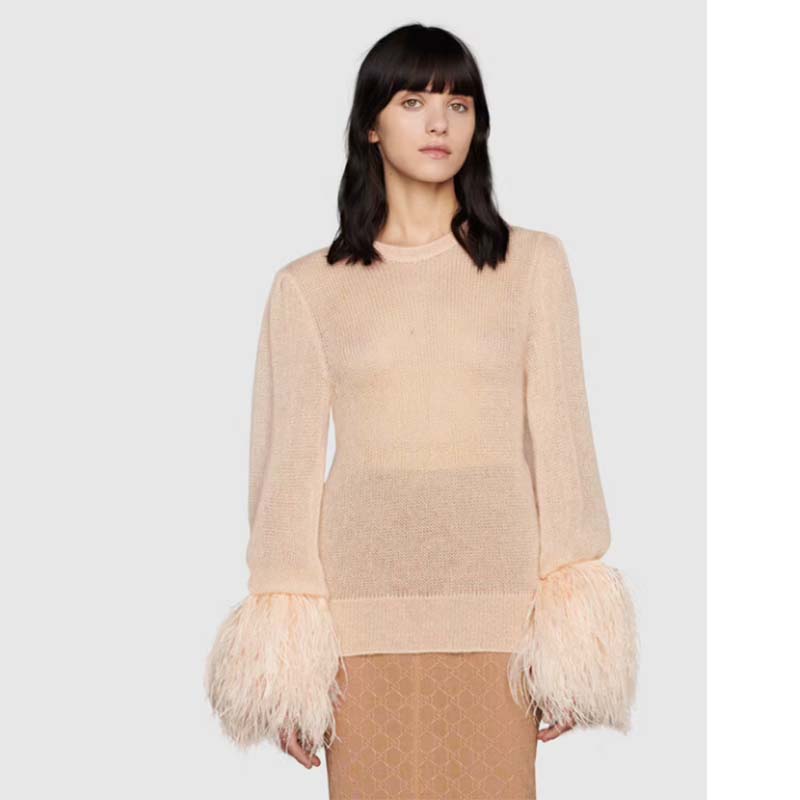 Gucci GG Women Silk Mohair Sweater Feathers Beige Double G Embroidery Crewneck