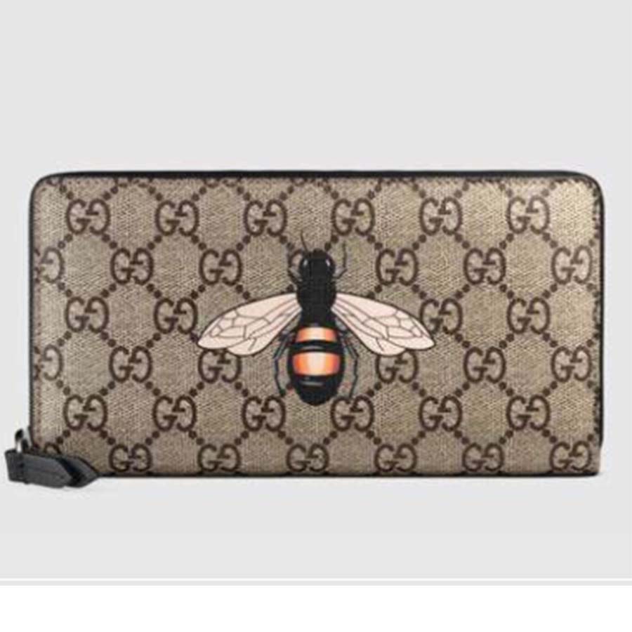 Gucci GG Men Bee Print GG Supreme Zip Around Wallet in Beige/Ebony GG Supreme