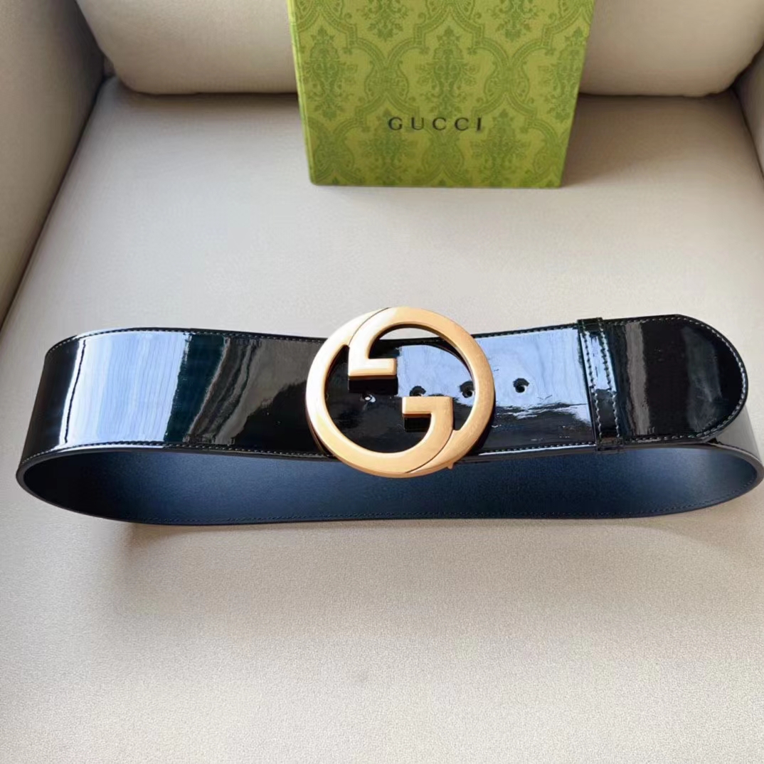 Gucci Unisex GG Blondie Wide Patent Belt Round Interlocking G 7 CM Width