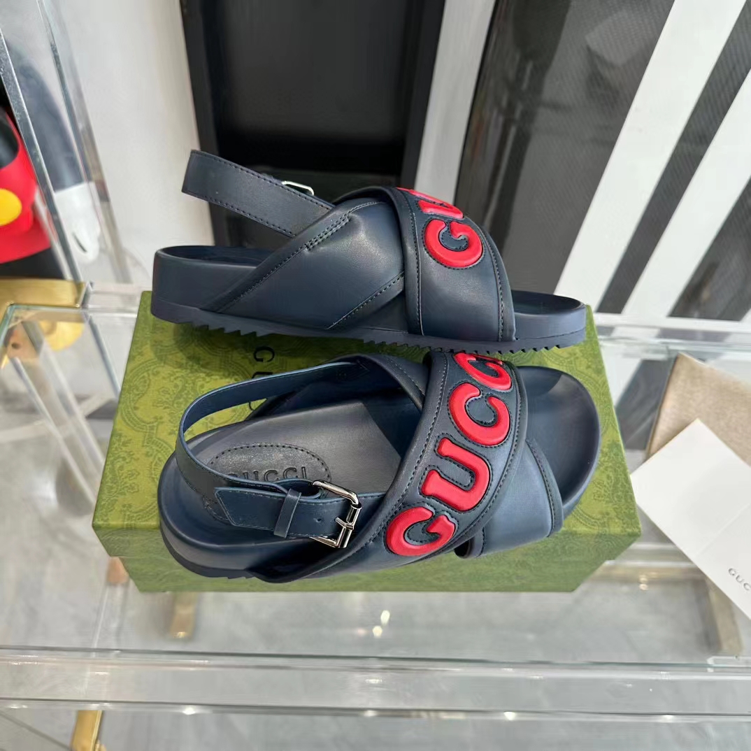 Gucci Unisex GG Gucci Sandal Smooth Blue Red Leather Script Rubber Buckle Flat