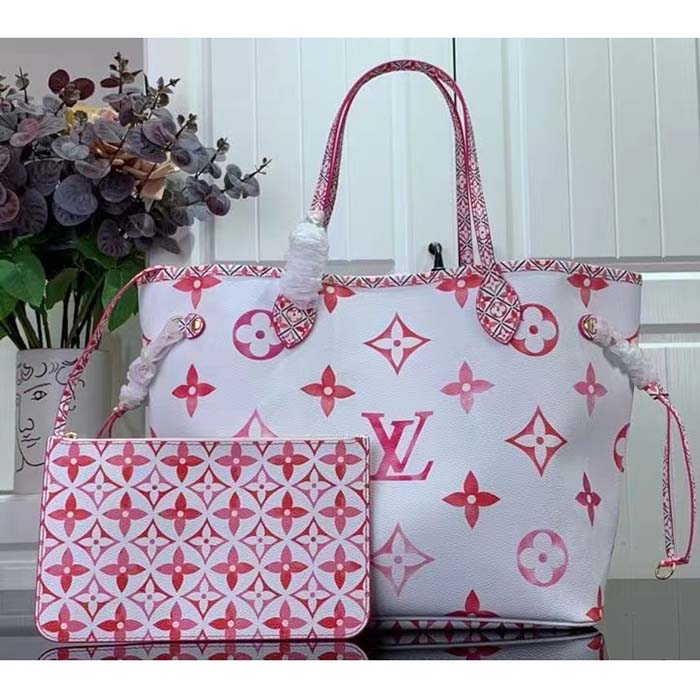 Louis Vuitton LV Unisex Neverfull MM Pink Monogram Coated Canvas Textile Lining