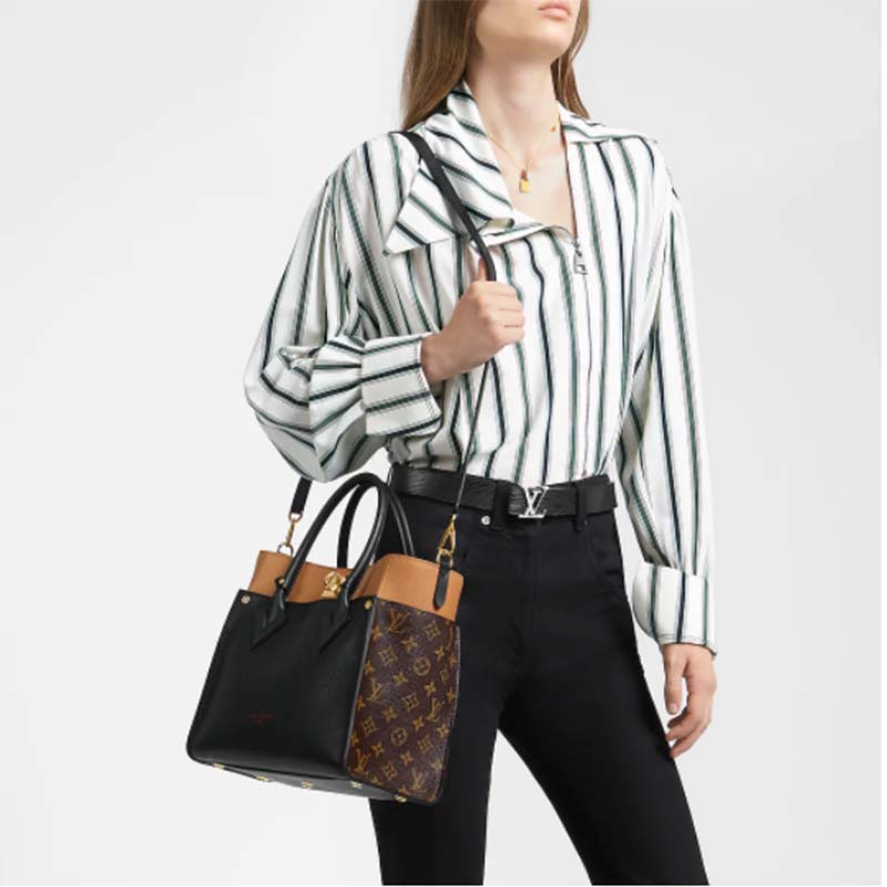 Louis Vuitton LV Women On My Side MM Tote Bag Black Twist Calfskin Monogram Coated Canvas