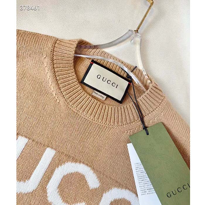 Gucci Women GG Wool Top Gucci Intarsia Camel Wool Crewneck Dropped Shoulder Long Sleeves Rib