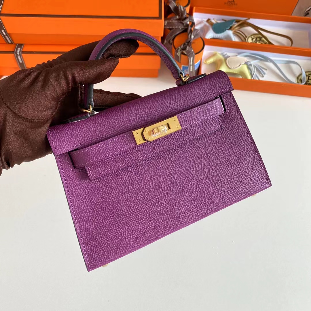 Hermes Women Mini Kelly 20 Bag Epsom Leather Gold Hardware-Purple