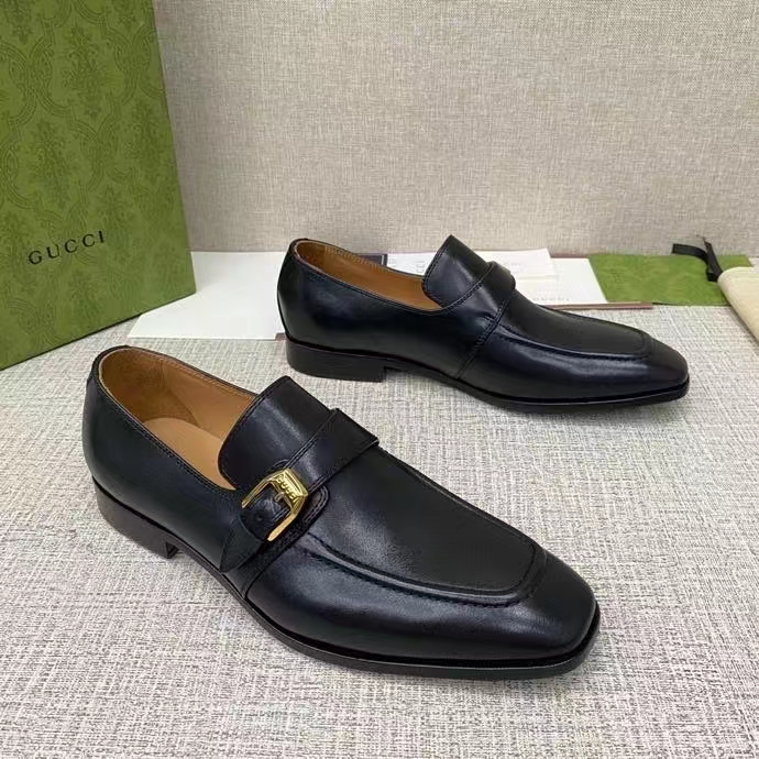 Gucci Men Loafer Buckle Black Leather Ornamental Buckle Low 3 Cm Heel