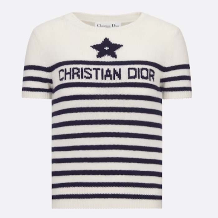 Dior Men CD Dioriviera Short Sleeved Sweater Marinière White Blue Cashmere Knit Signature