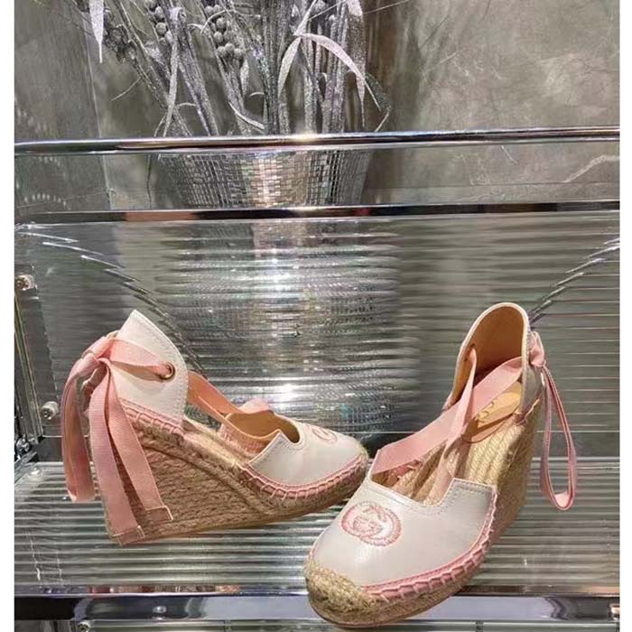 Gucci Women Espadrille Ribbon Tie Interlocking G Embroidery White Cotton Canvas Peep Toe