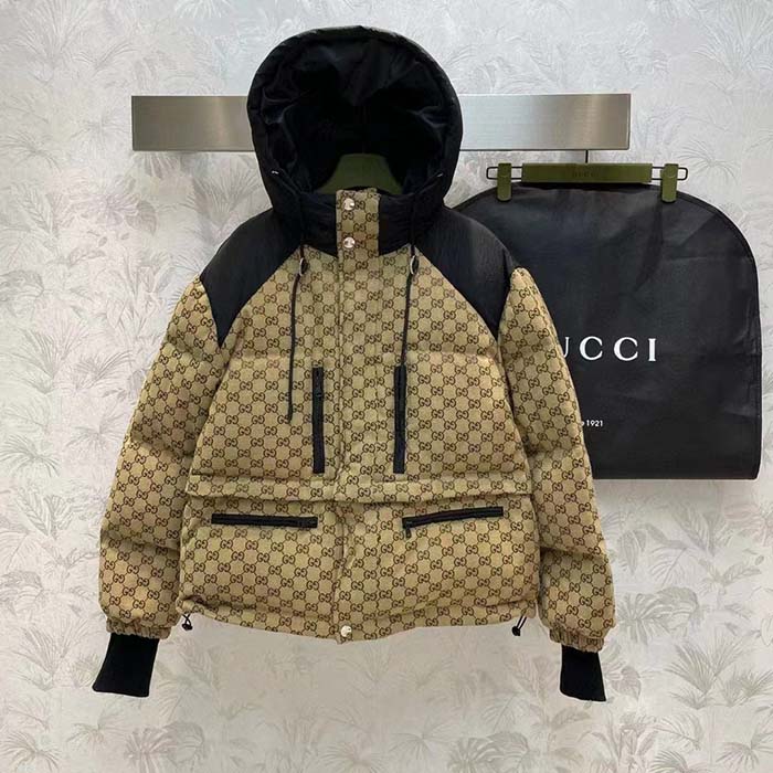 Gucci Women GG Canvas Bomber Jacket Camel Ebony Black Trim Lined Dropped Shoulder Padded