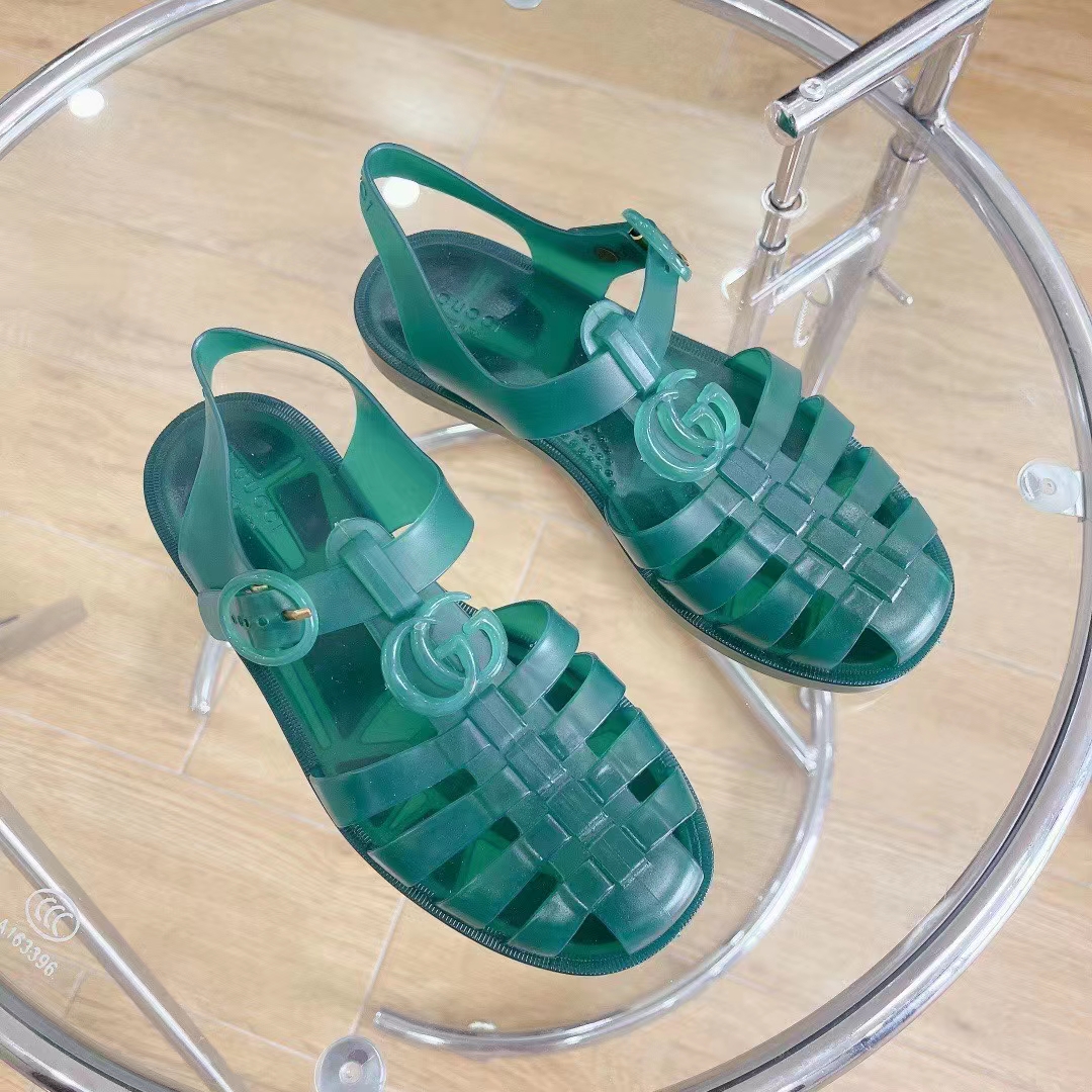 Gucci Unisex GG Sandal Double G Transparent Green Rubber Sole Ankle Buckle Flat