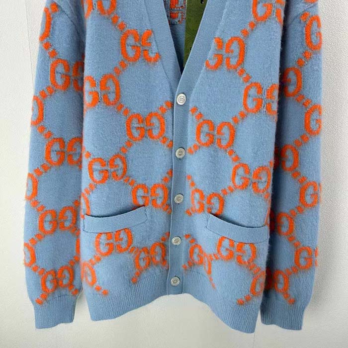 Gucci Women Wool Cardigan GG Intarsia Blue V-Neck Long Sleeves