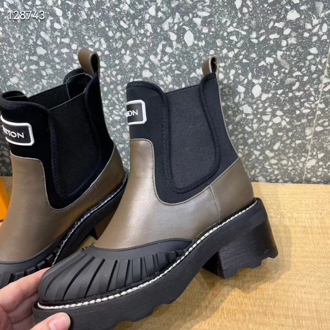 Louis Vuitton Women Shoes LV Beaubourg Ankle Boot Khaki Green Calf Leather Neoprene