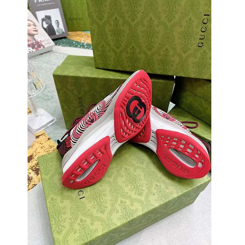 Gucci Unisex GG Run Sneaker Black Red Technical Knit Fabric Rubber Interlocking G