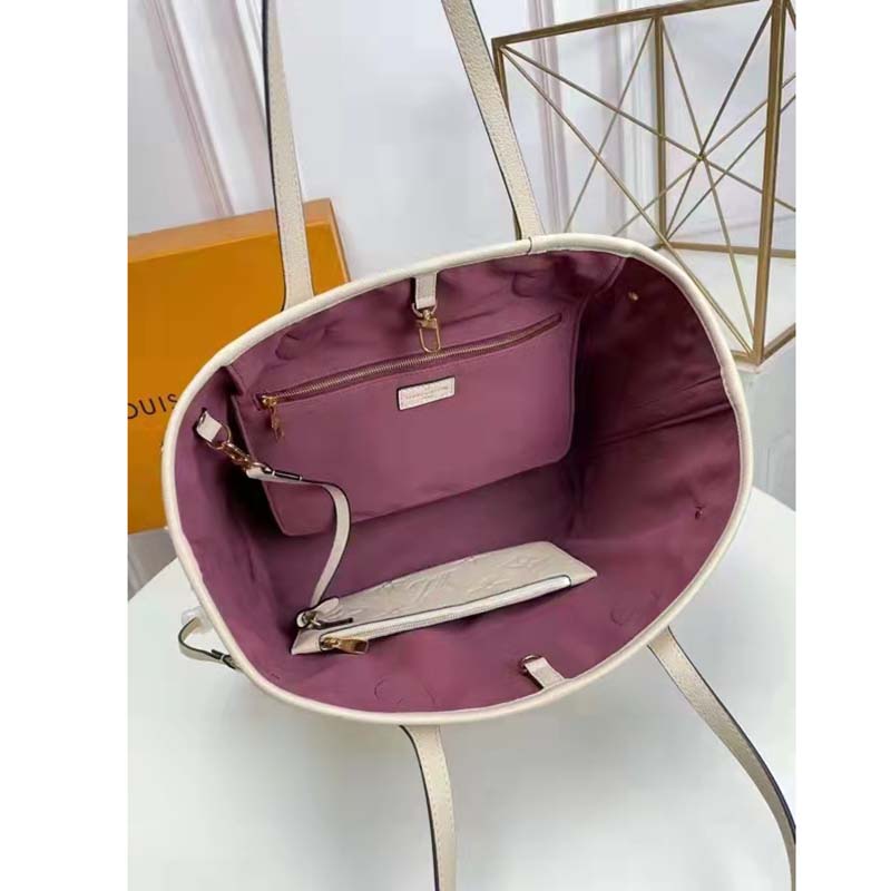 Louis Vuitton LV Women Neverfull MM Tote Beige Embossed Cowhide Leather