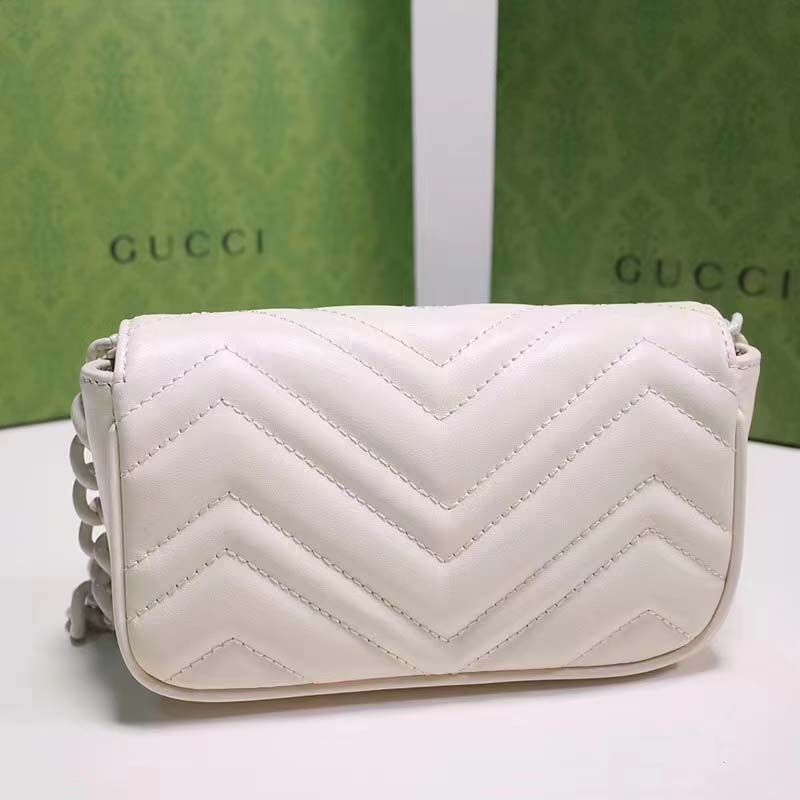 Gucci Women GG Marmont Belt Bag White Chevron Matelassé Leather Double G