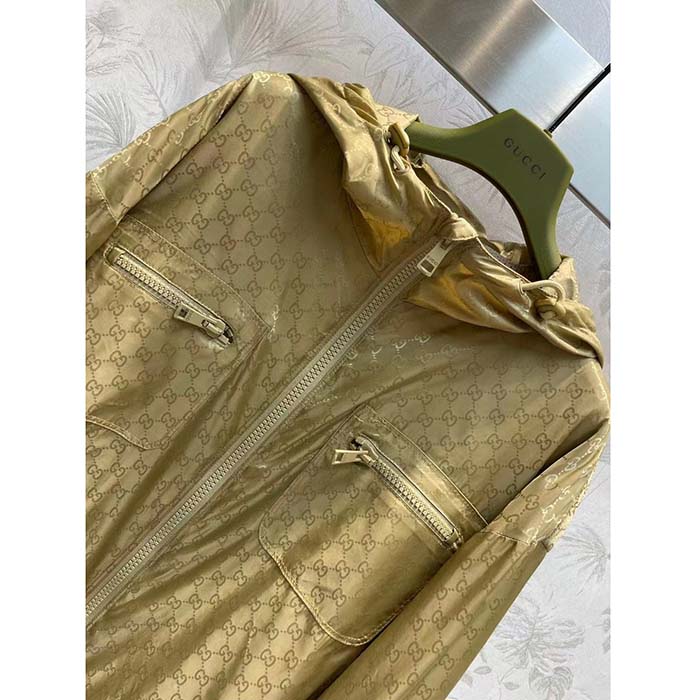 Gucci Men GG Hooded Jacket Light Camel GG Nylon Jacquard