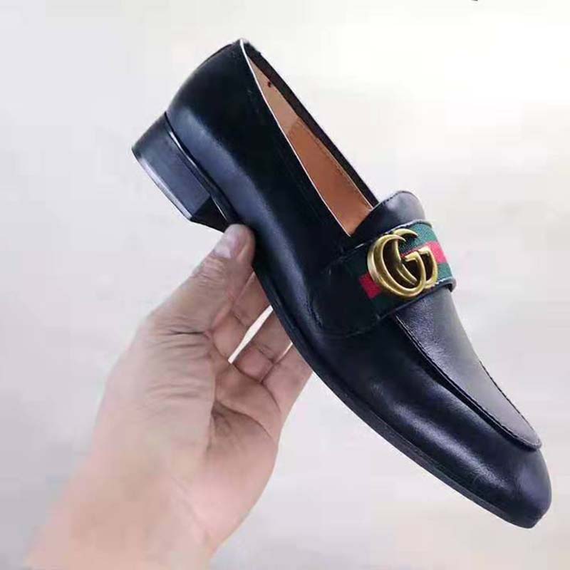 Gucci Men Leather Loafer with GG Web Shoes-Black