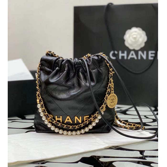 Chanel Women CC 22 Mini Handbag Shiny Crumpled Calfskin Gold-Tone Metal Black