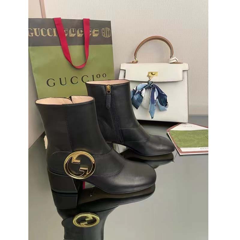Gucci GG Blondie Women’s Ankle Boot Black Leather Mid 5 Cm Heel