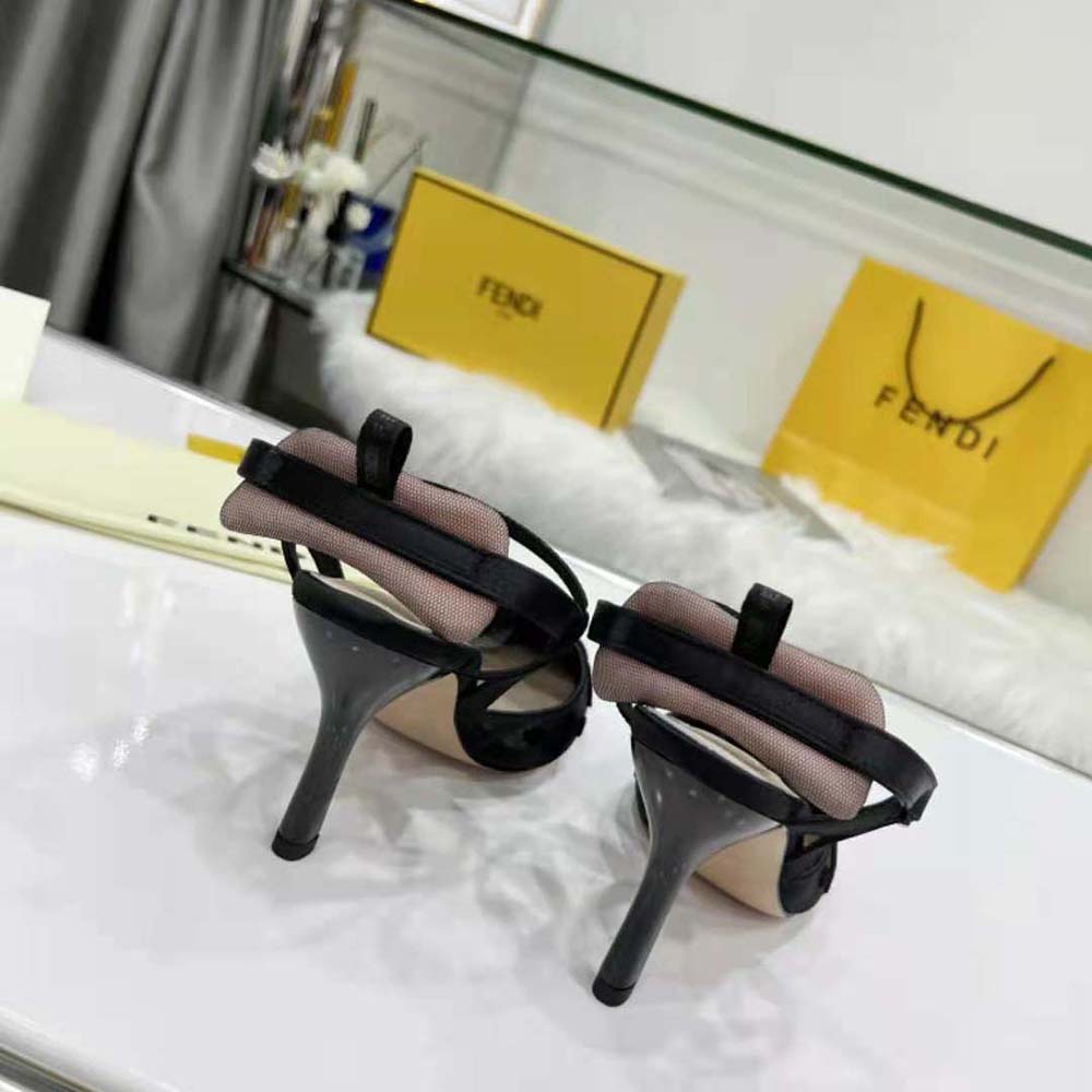 Fendi Women Colibri Lite High-Heeled Black Mesh and FF Karligraphy Slingbacks
