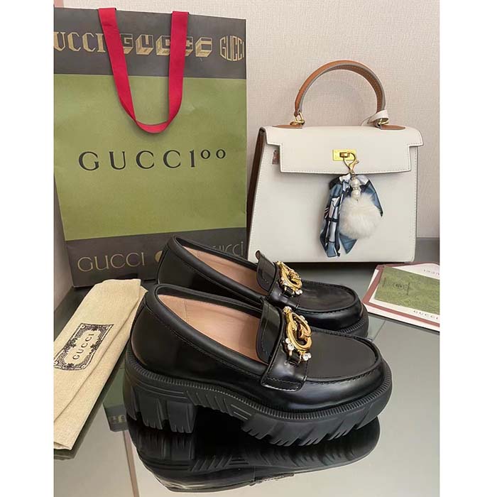 Gucci Women GG Lug Sole Interlocking G Loafer Black Patent Leather Low Heel Rubber