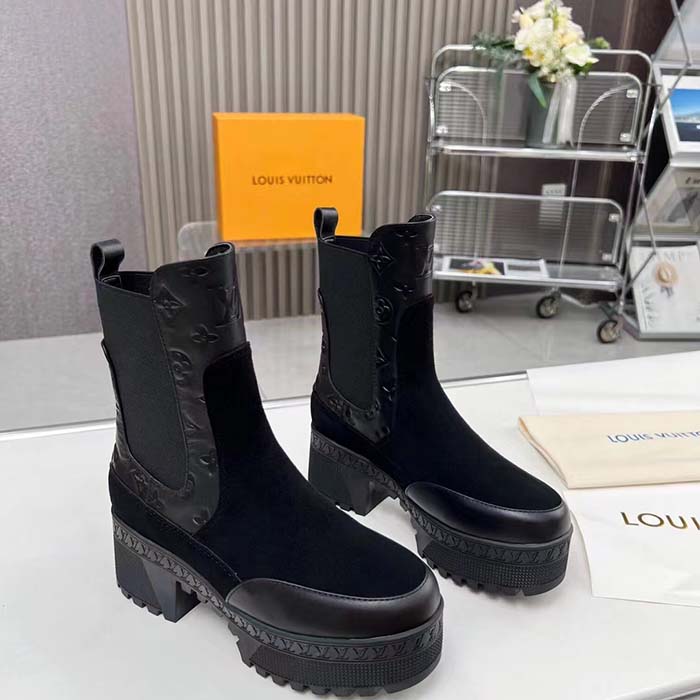 Louis Vuitton LV Women Laureate Platform Chelsea Boot Black Suede Monogram-Debossed Calf Leather