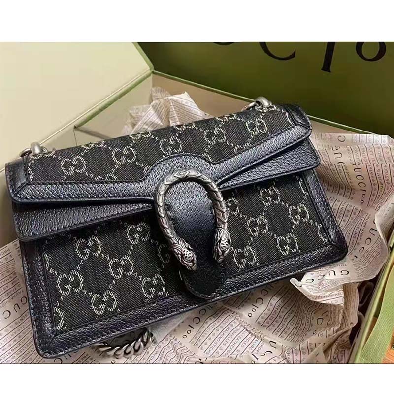 Gucci Women Dionysus Small GG Shoulder Bag Black GG Denim Jacquard Leather