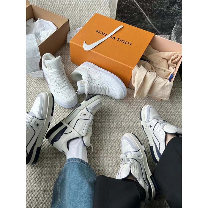 Louis Vuitton Unisex LV Trainer Sneaker Blue Nubuck Grained Calf Leather Rubber Initials