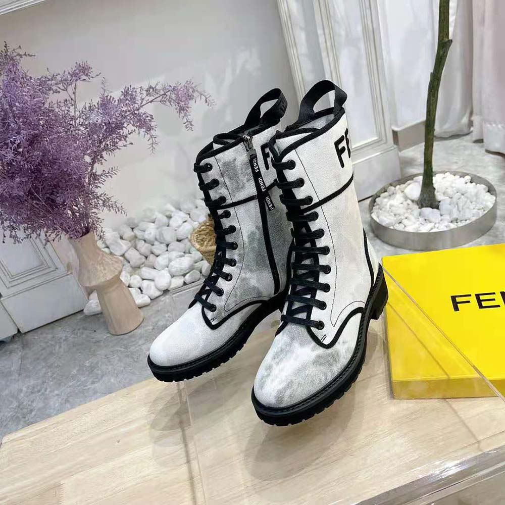 Fendi Women Signature Gray Canvas Biker Boots